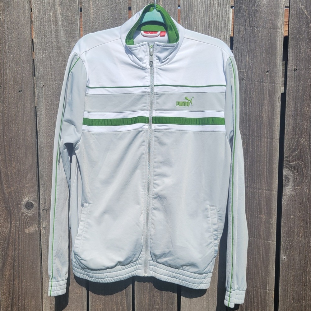 Puma Mens Full Zip Track Jacket White Grey Green Stripe Mock Neck Size Medium